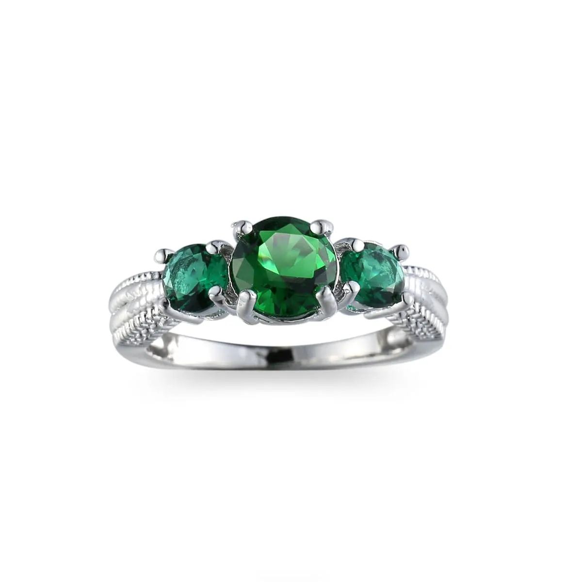 Green Crystal & Silver-Plated Oval Prong Ring