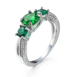 Green Crystal & Silver-Plated Oval Prong Ring