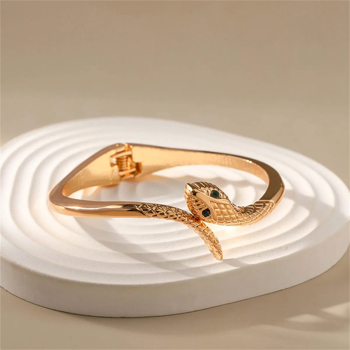 Green Cubic Zirconia & 18K Gold-Plated Snake Bypass Hinge Bangle