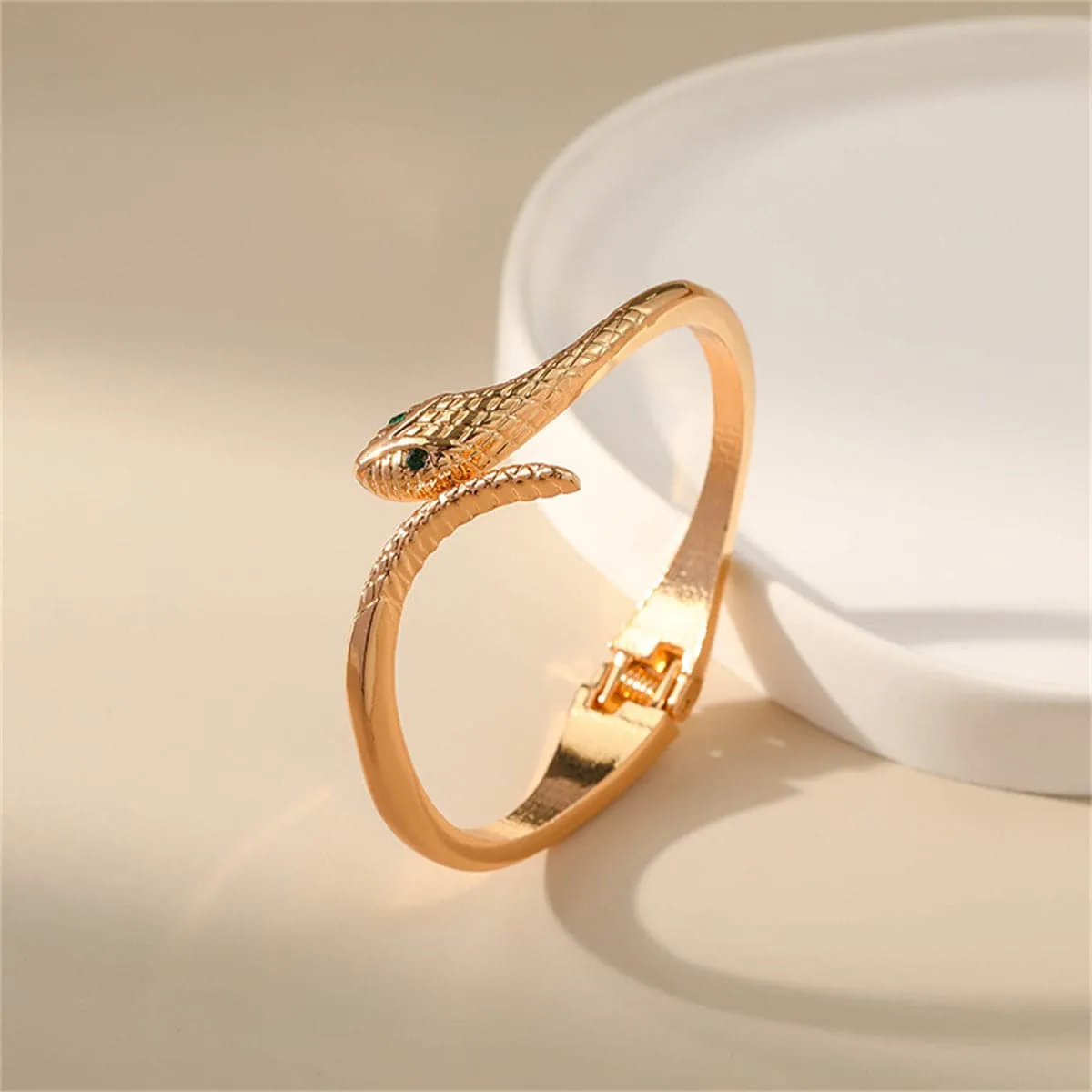 Green Cubic Zirconia & 18K Gold-Plated Snake Bypass Hinge Bangle