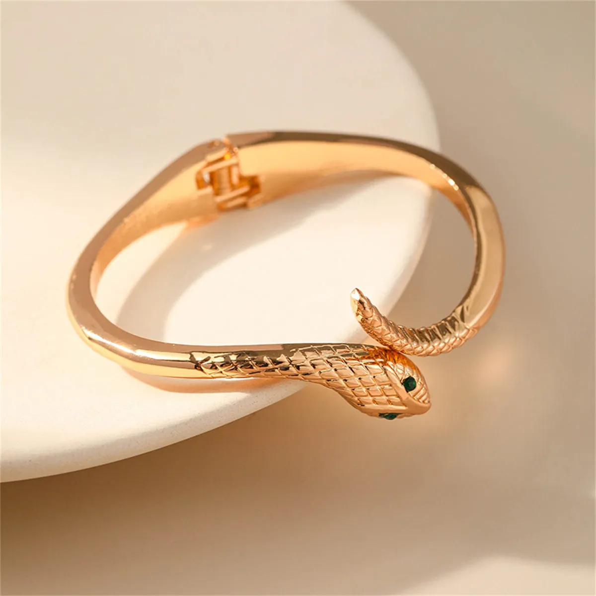 Green Cubic Zirconia & 18K Gold-Plated Snake Bypass Hinge Bangle