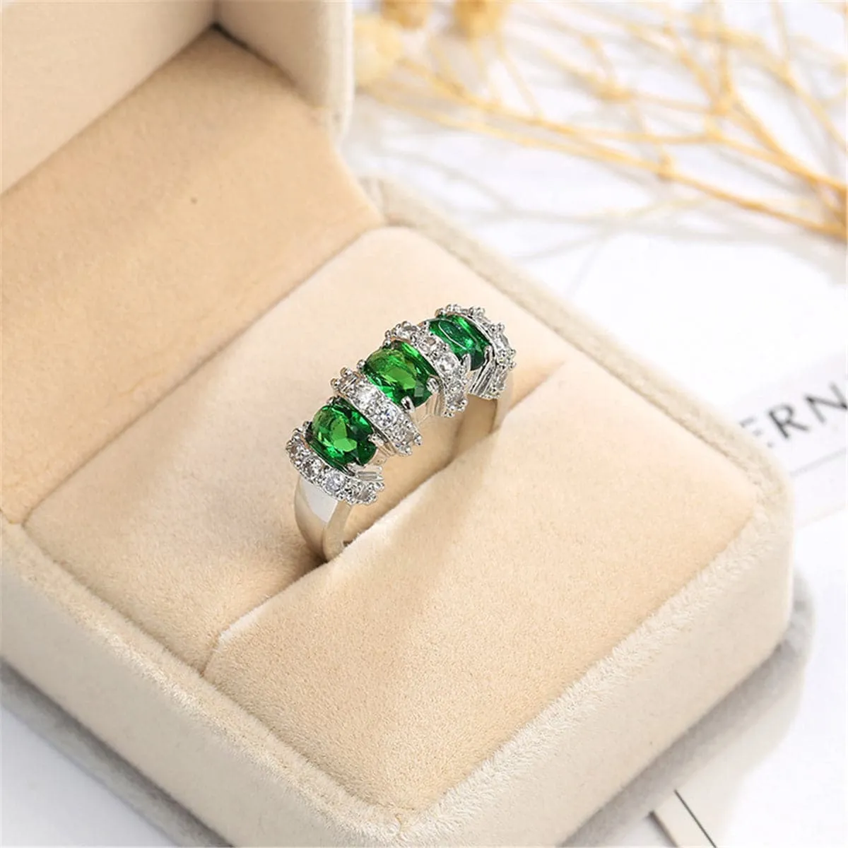 Green Cubic Zirconia & Crystal Bar Ring