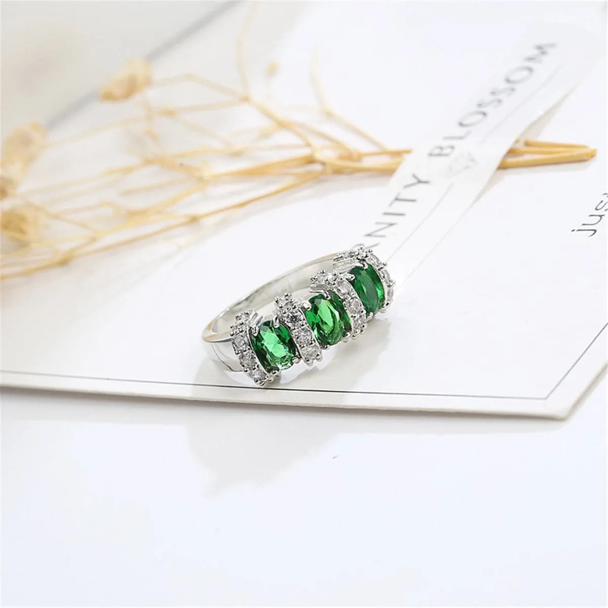 Green Cubic Zirconia & Crystal Bar Ring