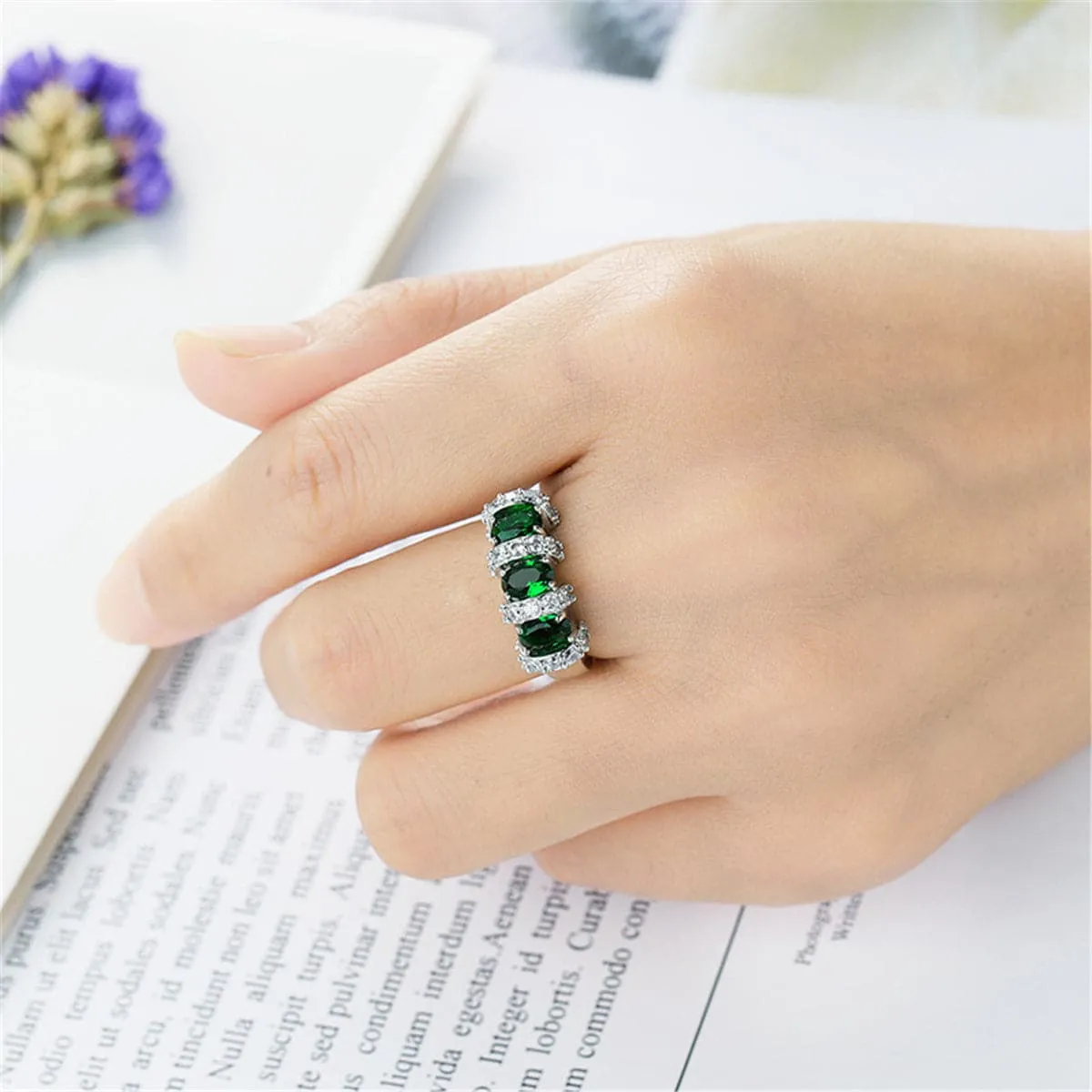 Green Cubic Zirconia & Crystal Bar Ring