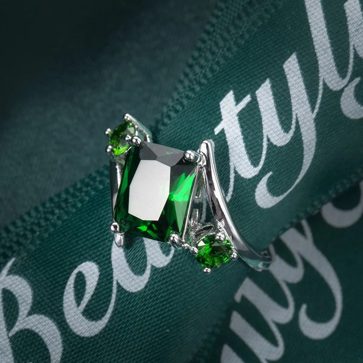 Green Cubic Zirconia & Crystal Curve Princess-Cut Ring