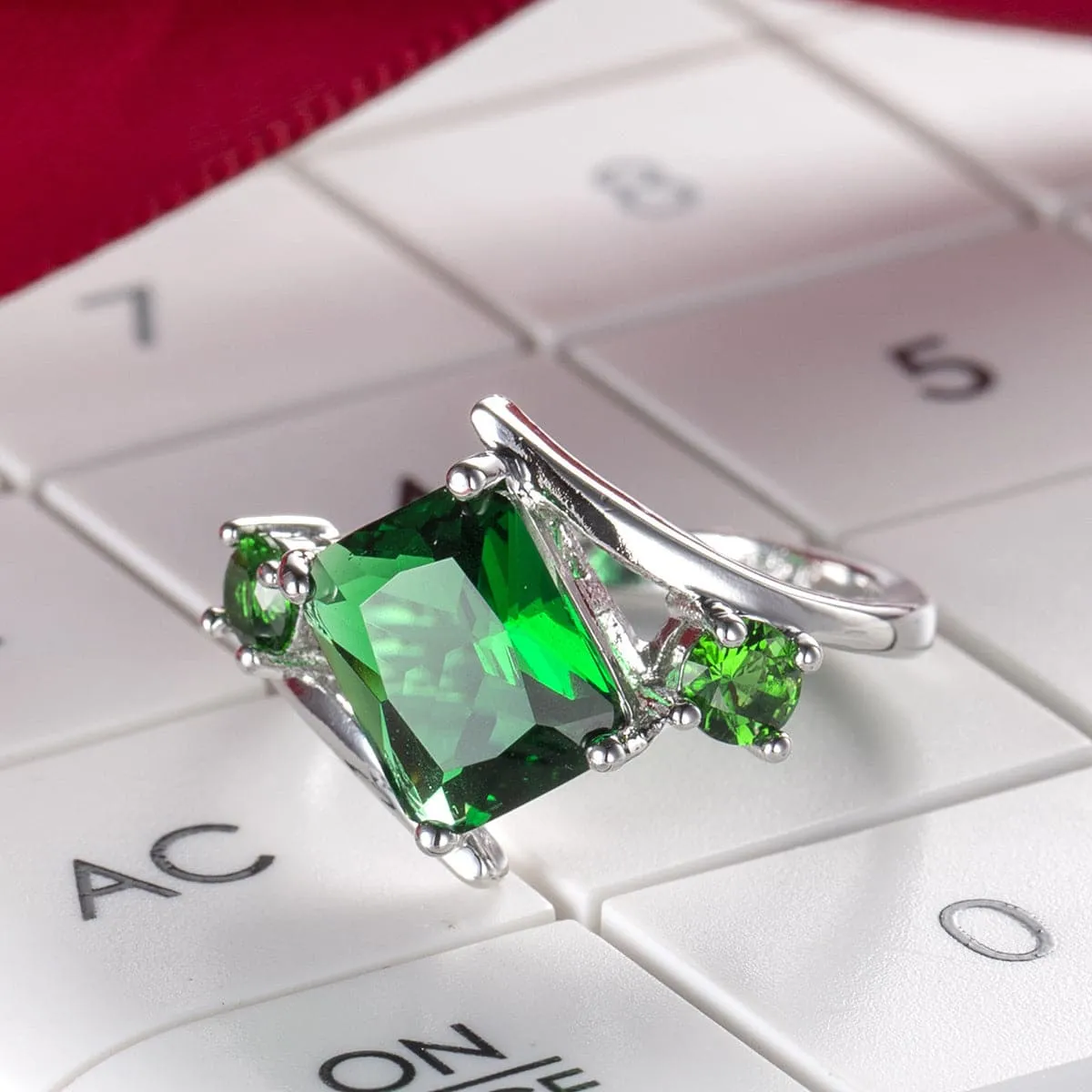 Green Cubic Zirconia & Crystal Curve Princess-Cut Ring