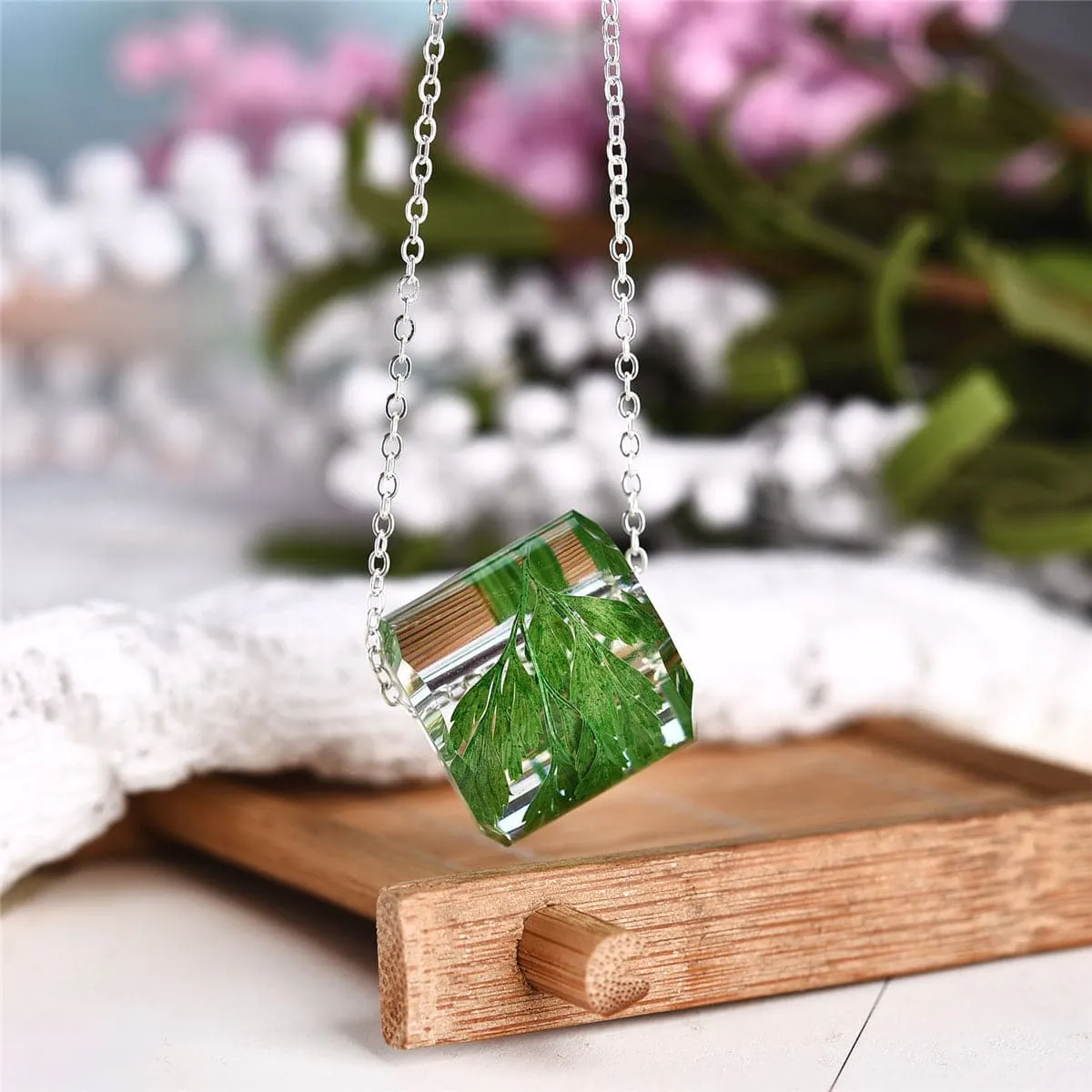 Green Dried Flower & Silver-Plated Cylinder Pendant Necklace
