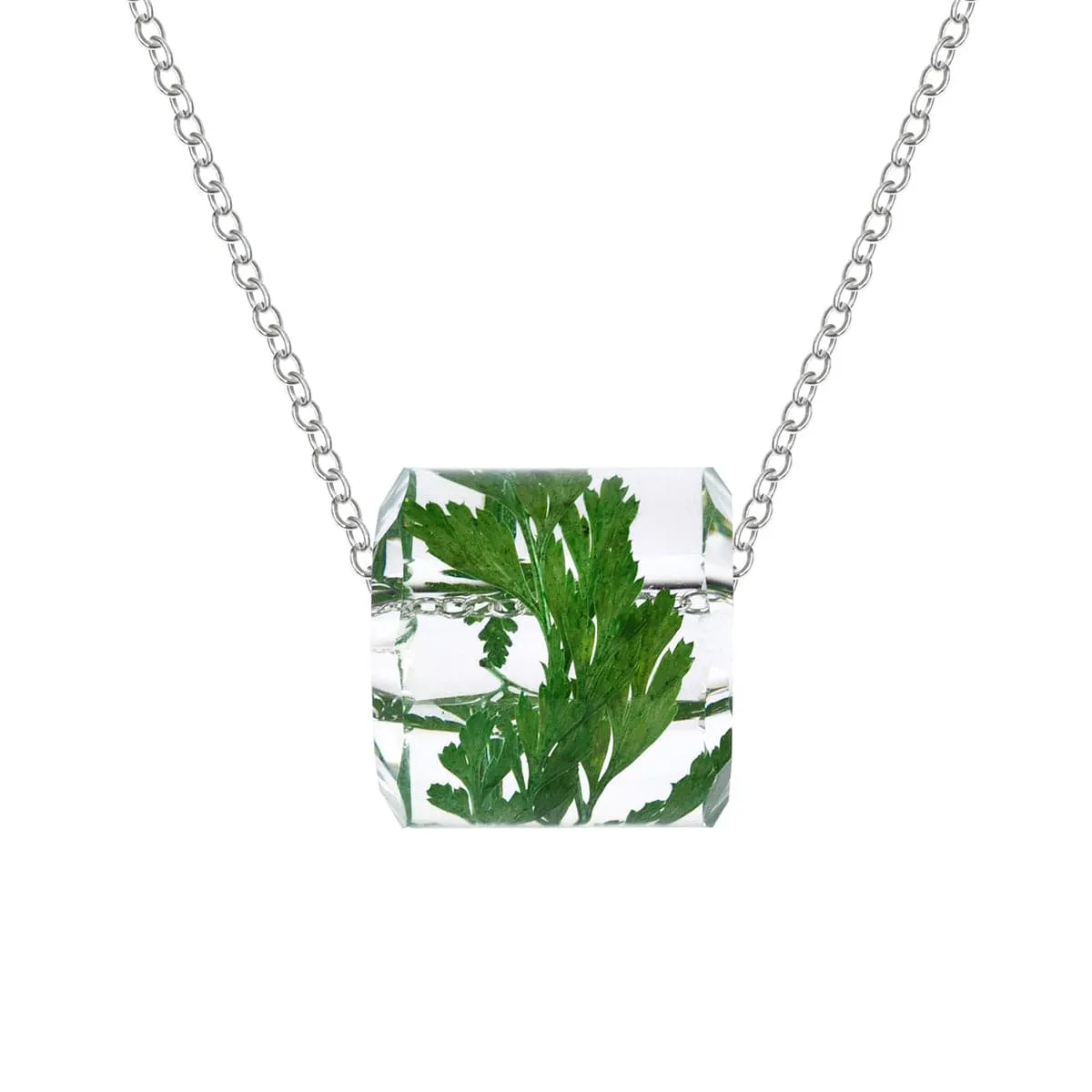 Green Dried Flower & Silver-Plated Cylinder Pendant Necklace