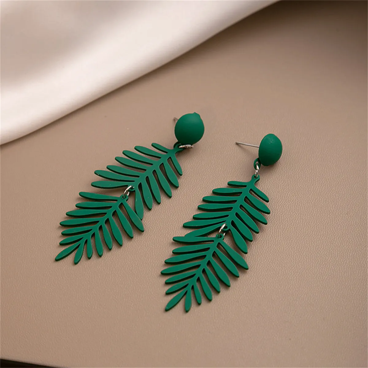 Green Enamel & Silver-Plated Leaves Drop Earrings