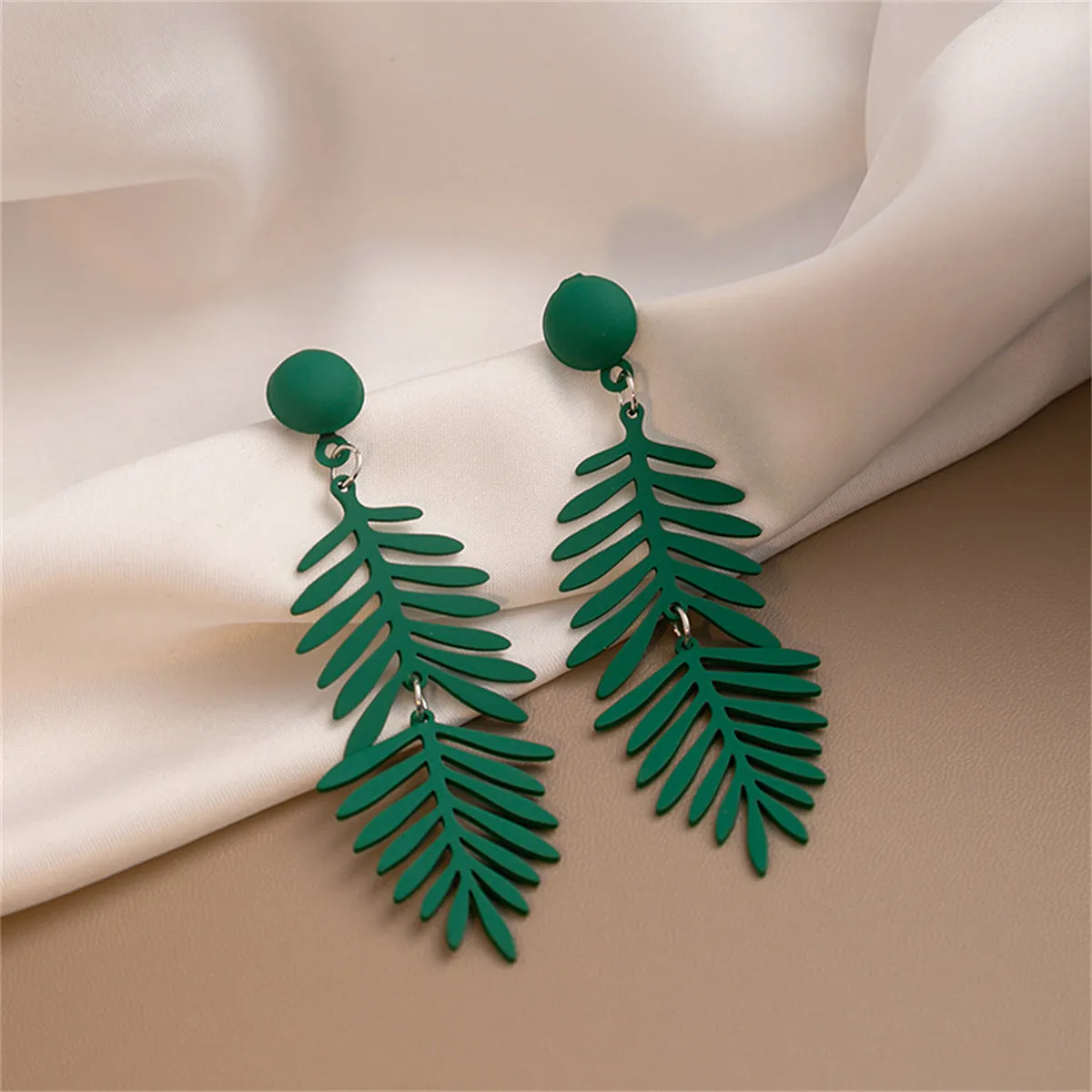 Green Enamel & Silver-Plated Leaves Drop Earrings