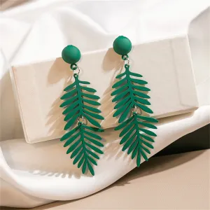 Green Enamel & Silver-Plated Leaves Drop Earrings