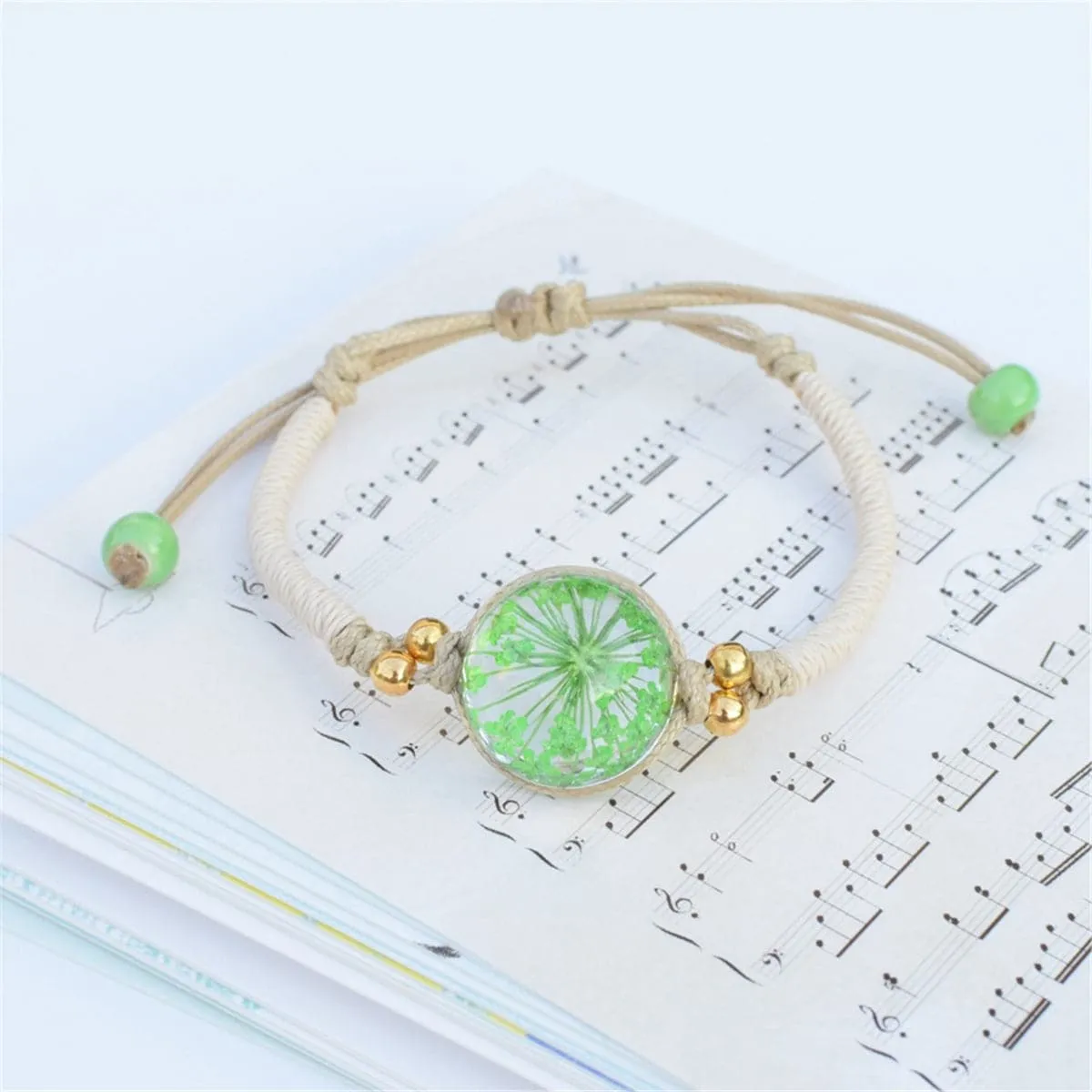 Green Gypsophila & Gold-Plated Bead Adjustable Bracelet
