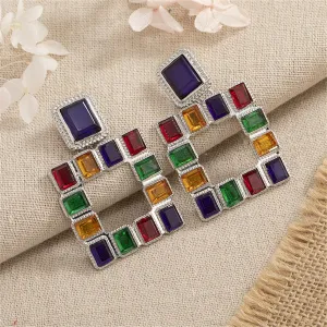 Green Multicolor Crystal & Silver-Plated Square Drop Earrings