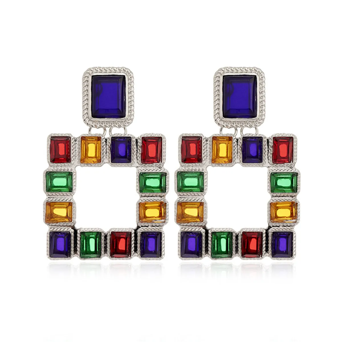 Green Multicolor Crystal & Silver-Plated Square Drop Earrings