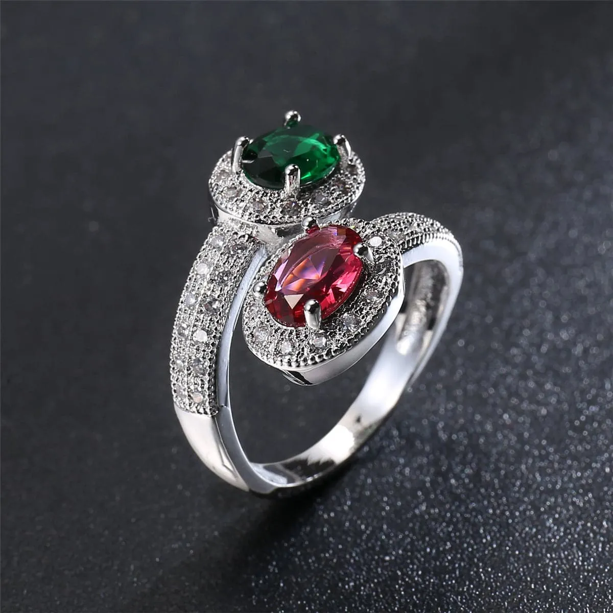 Green Pink Cubic Zirconia & Crystal Botany Bypass Ring