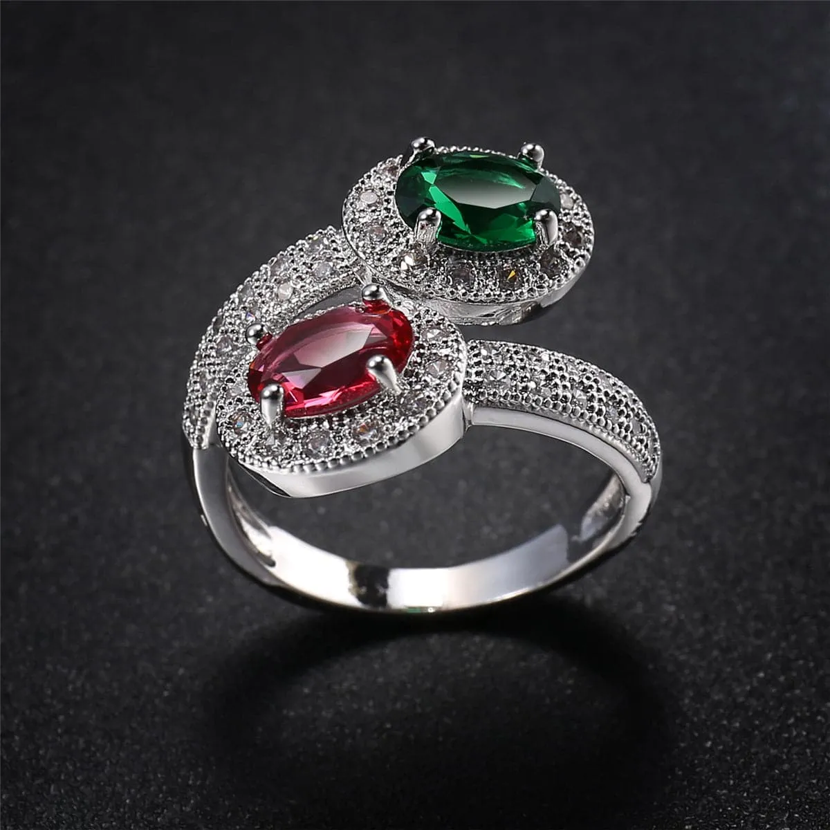 Green Pink Cubic Zirconia & Crystal Botany Bypass Ring