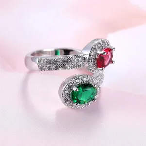 Green Pink Cubic Zirconia & Crystal Botany Bypass Ring