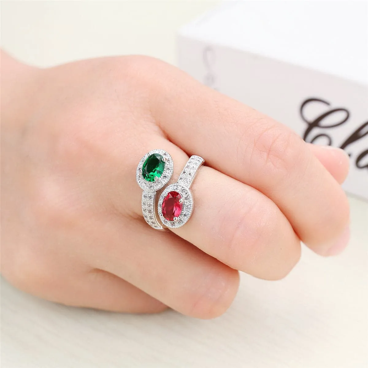 Green Pink Cubic Zirconia & Crystal Botany Bypass Ring