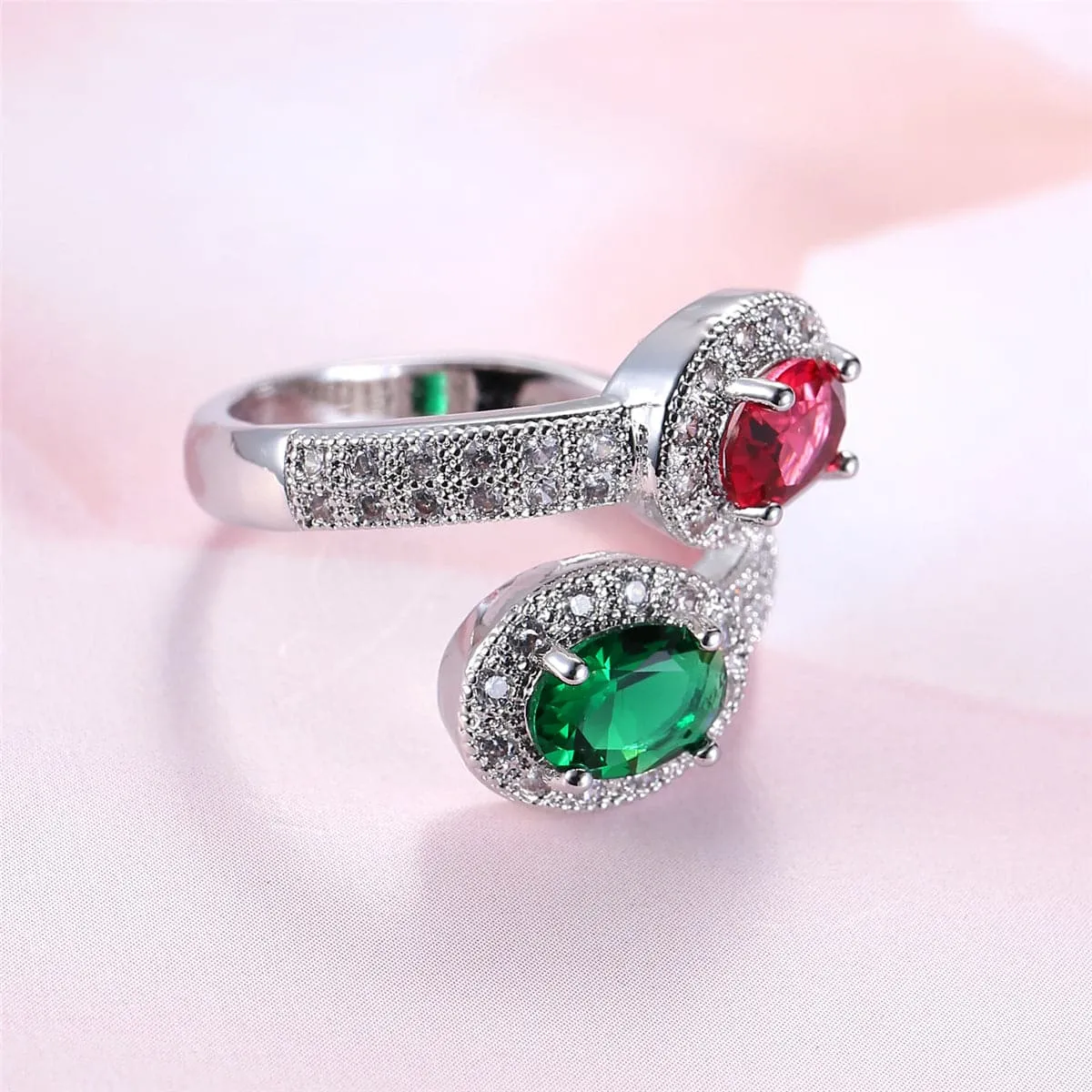 Green Pink Cubic Zirconia & Crystal Botany Bypass Ring