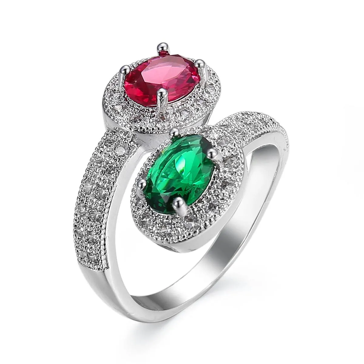 Green Pink Cubic Zirconia & Crystal Botany Bypass Ring