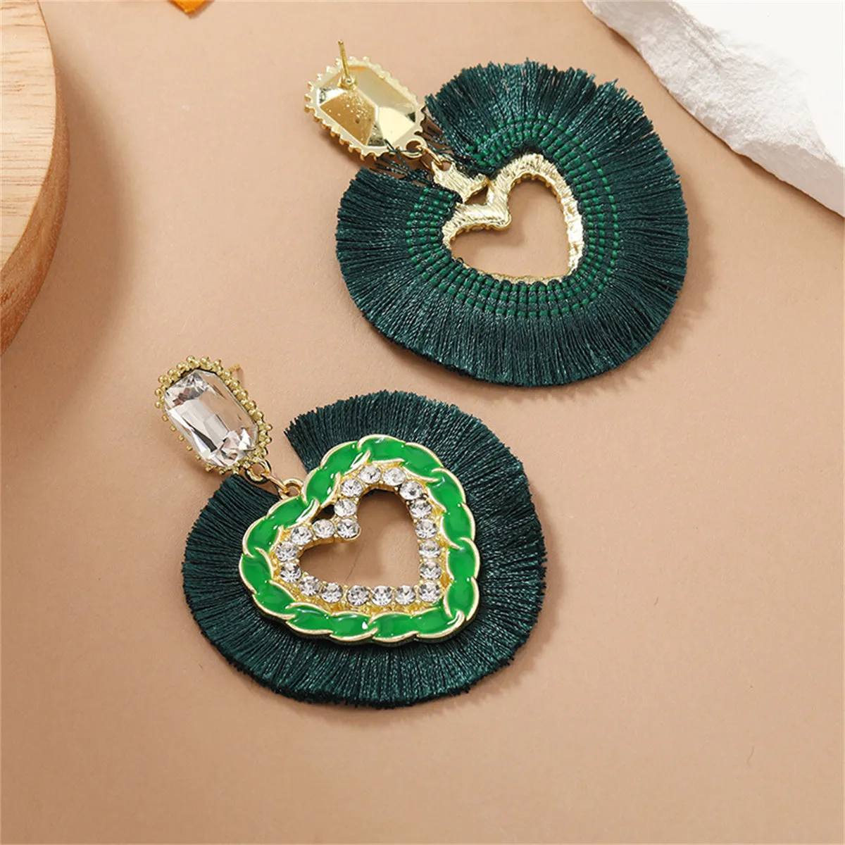 Green Polyster & Enamel Crystal Cubic Zirconia 18K Gold-Plated Heart Dangle Earring