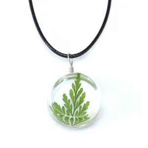 Green Pressed Mugwort & Silver-Plated Rope Pendant Necklace