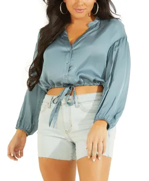 Guess Women's Long Sleeve Sasha Mixed-Print Crop Top W2YH68WESH2 Cyclone Blue M