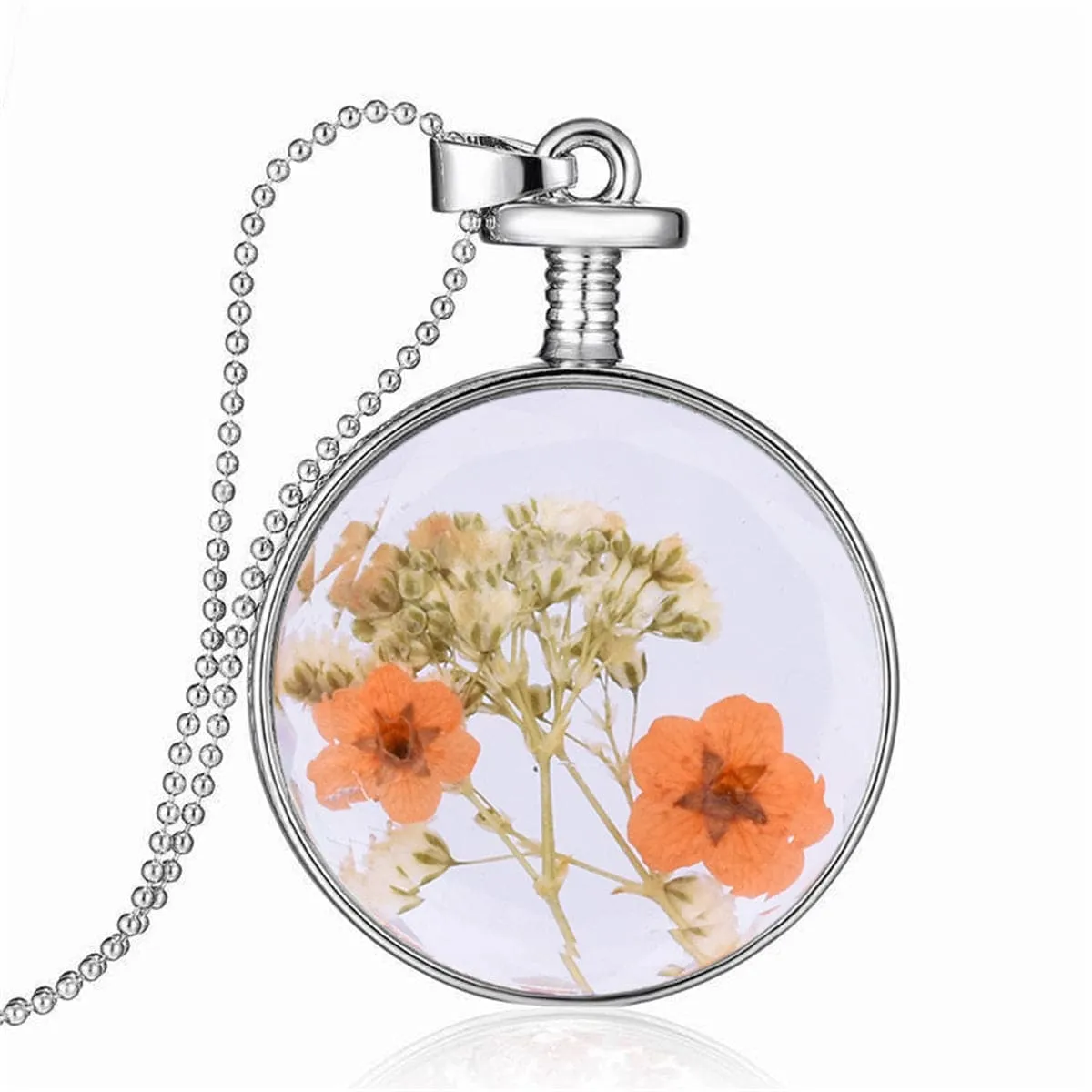 Gypsophila & Peach Blossom Round Pendant Necklace