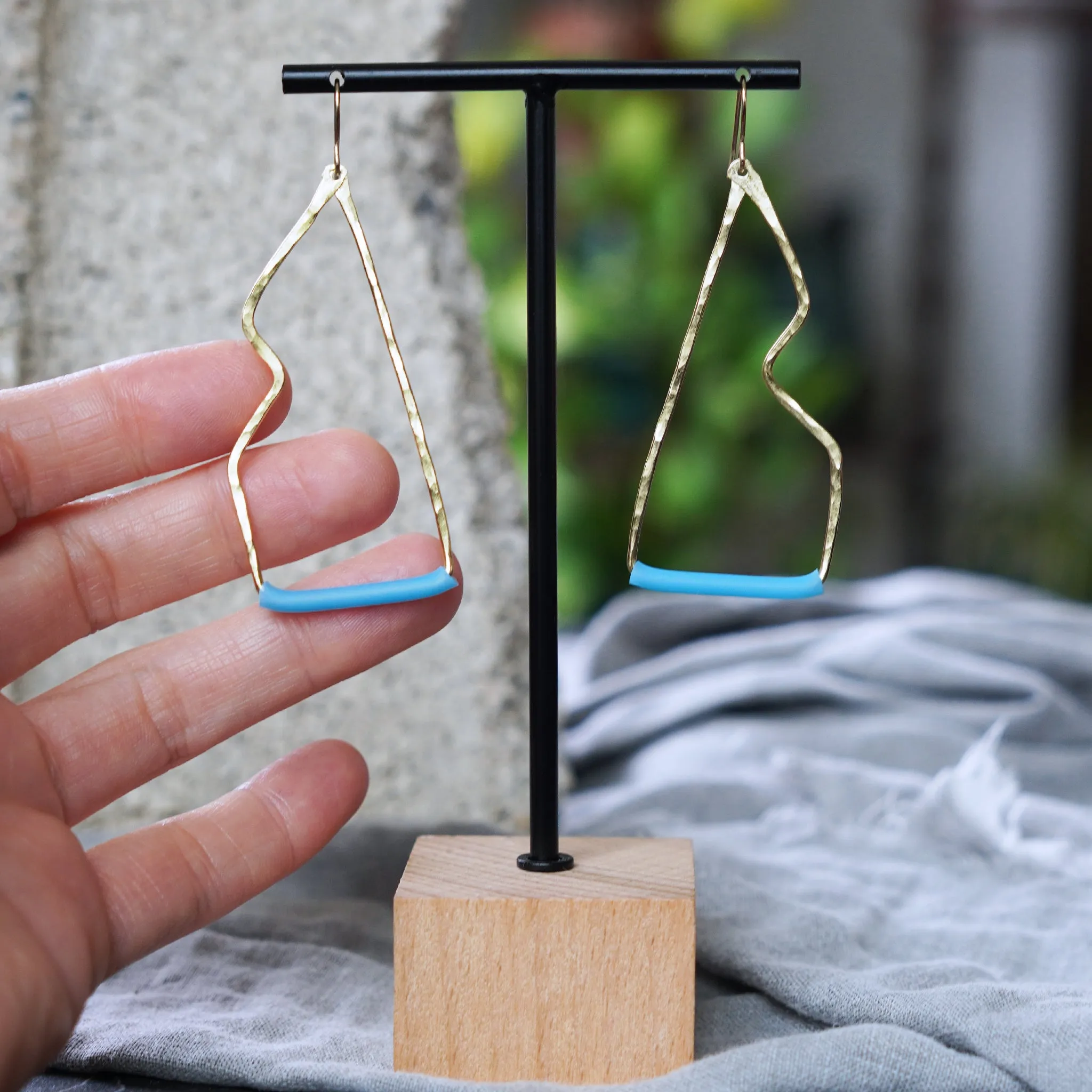 Hammered Brass and Sky Blue Abstract Earrings