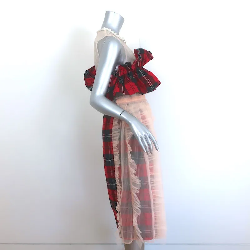 H&M x Simone Rocha Pearl-Embellished Ruffled Tartan & Mesh Dress Size Small NEW
