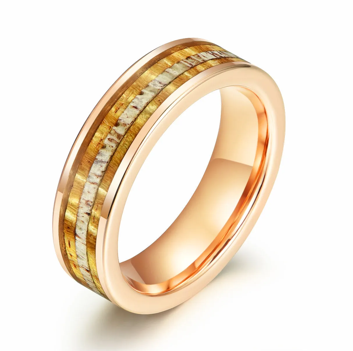 Hawaiian Koa Wood & Antler Rose Tungsten Mens Wedding Band 6MM