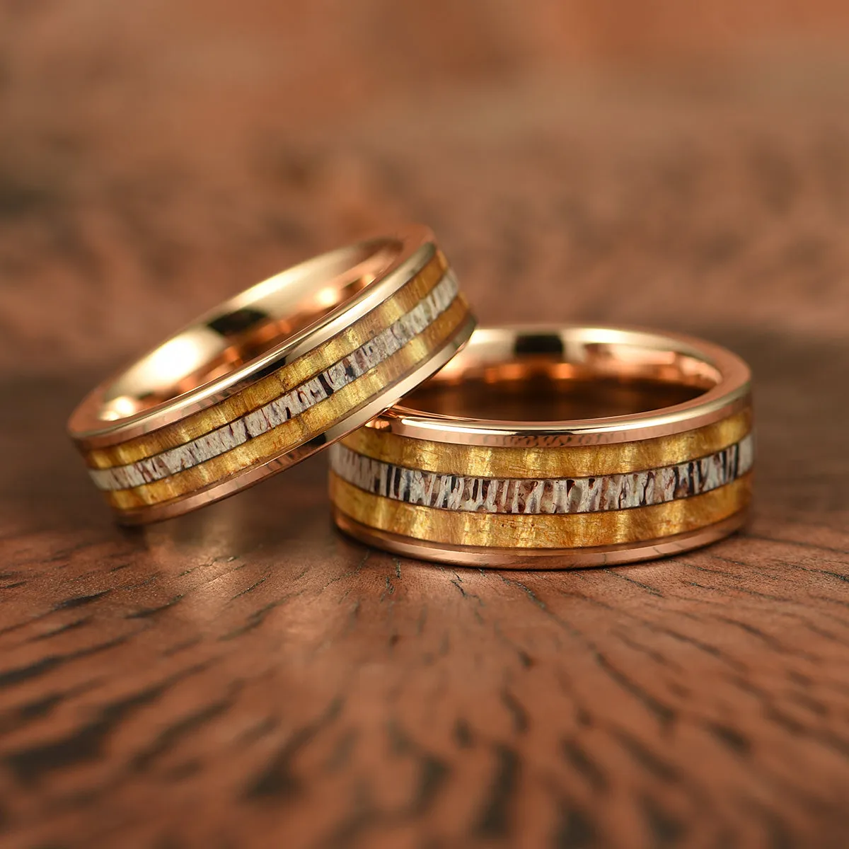 Hawaiian Koa Wood & Antler Rose Tungsten Mens Wedding Band 6MM