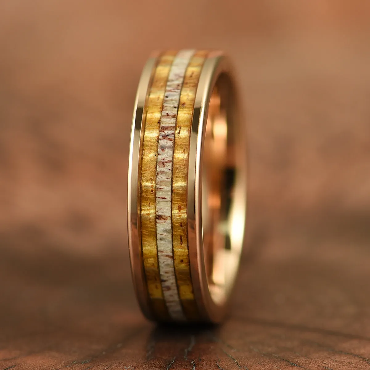 Hawaiian Koa Wood & Antler Rose Tungsten Mens Wedding Band 6MM