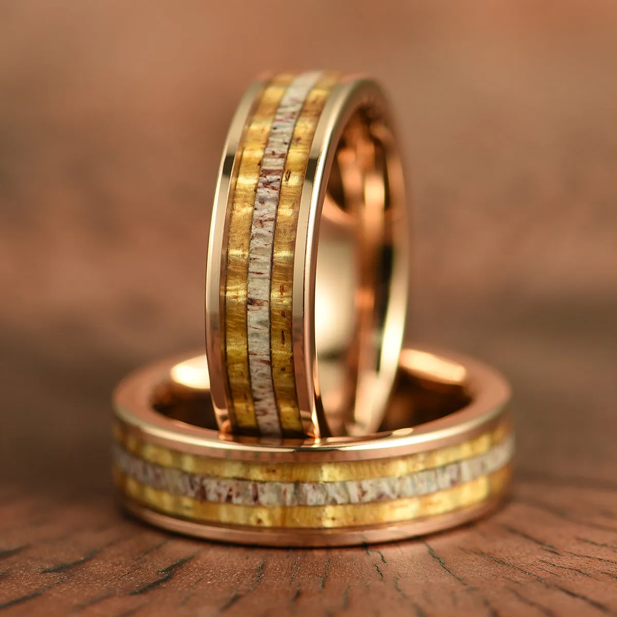 Hawaiian Koa Wood & Antler Rose Tungsten Mens Wedding Band 6MM