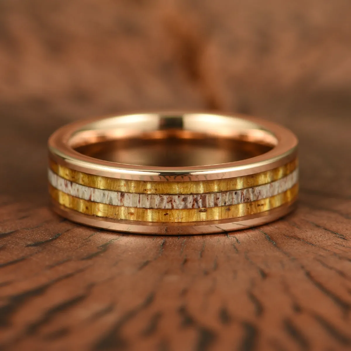 Hawaiian Koa Wood & Antler Rose Tungsten Mens Wedding Band 6MM