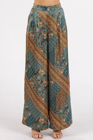 Hazel Blues® |  Mittoshop Paisley Patchwork Print Satin Wide Leg Pants