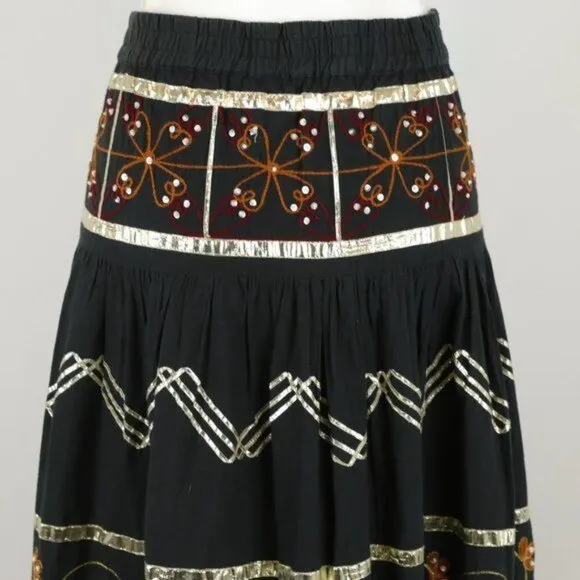 Hazel Women's Small Blue Gold Embellished Boho Tiered Maxi Skirt