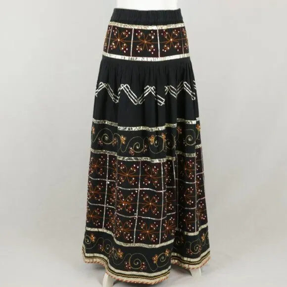 Hazel Women's Small Blue Gold Embellished Boho Tiered Maxi Skirt