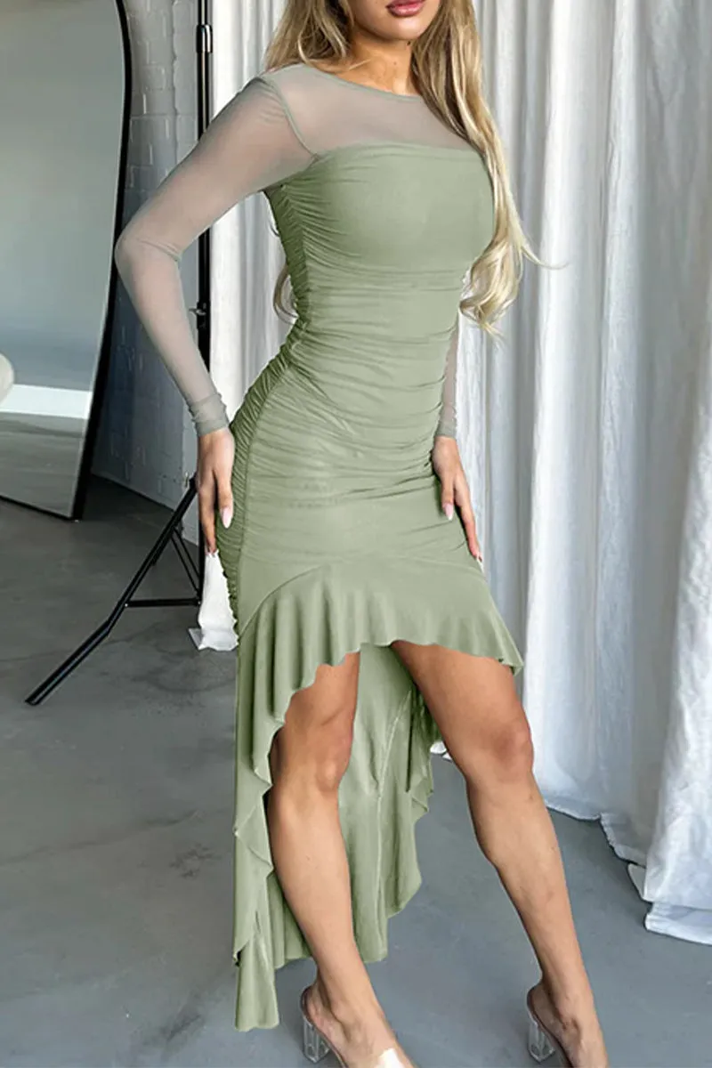 HBS1367 Asymmetrical Mesh Sleeve Midi Dress