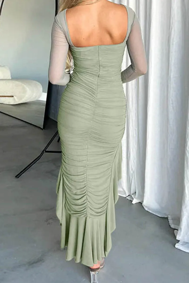 HBS1367 Asymmetrical Mesh Sleeve Midi Dress