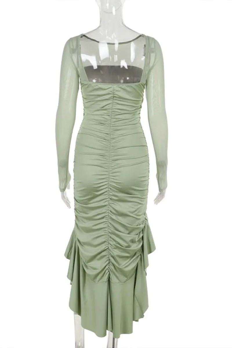 HBS1367 Asymmetrical Mesh Sleeve Midi Dress