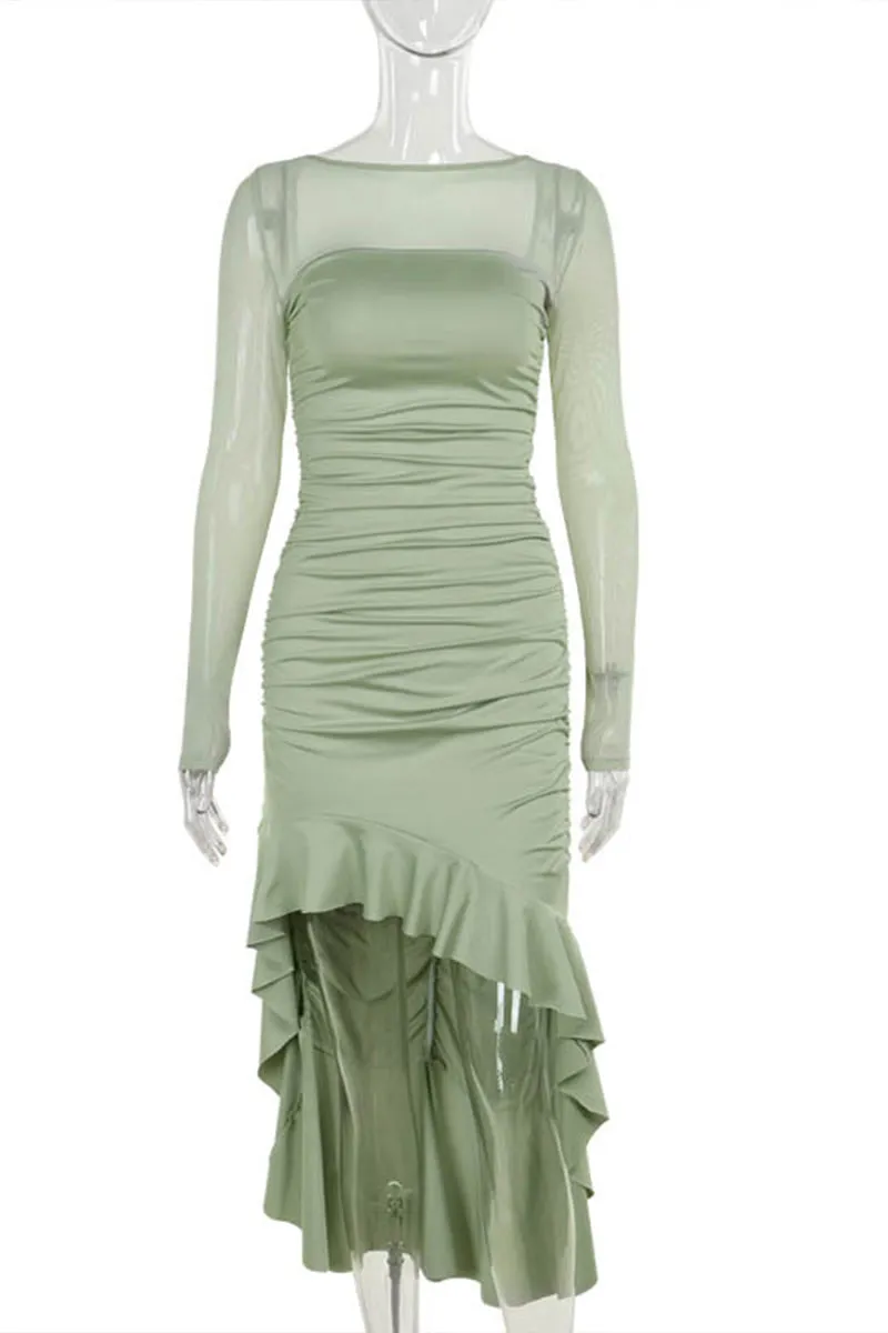 HBS1367 Asymmetrical Mesh Sleeve Midi Dress