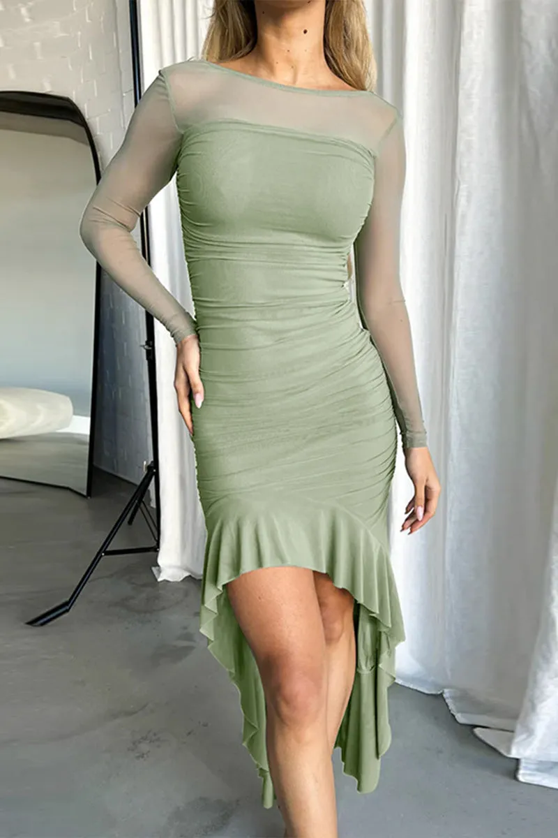 HBS1367 Asymmetrical Mesh Sleeve Midi Dress