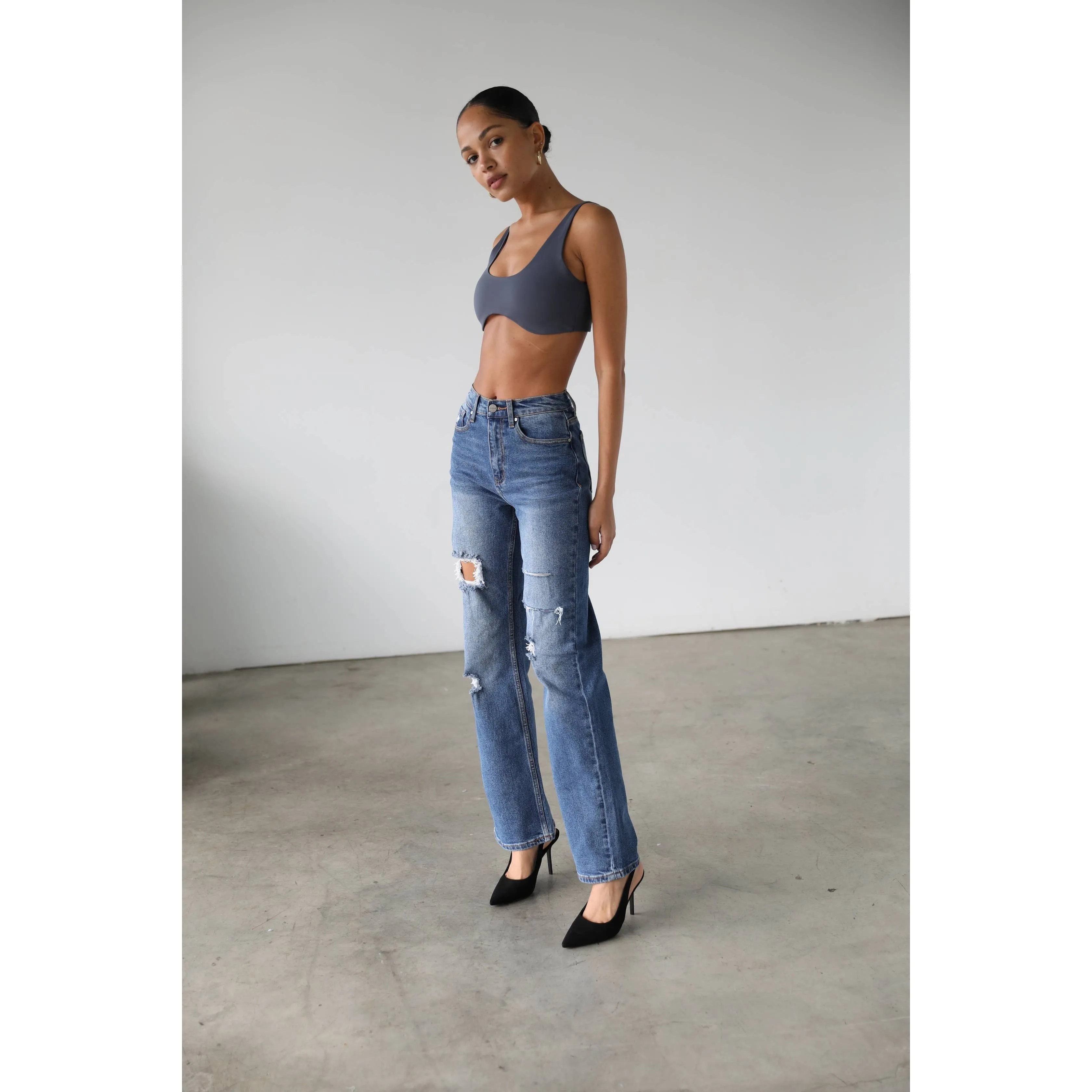 High Rise Straight Leg Denim Jeans - Dark- 7106