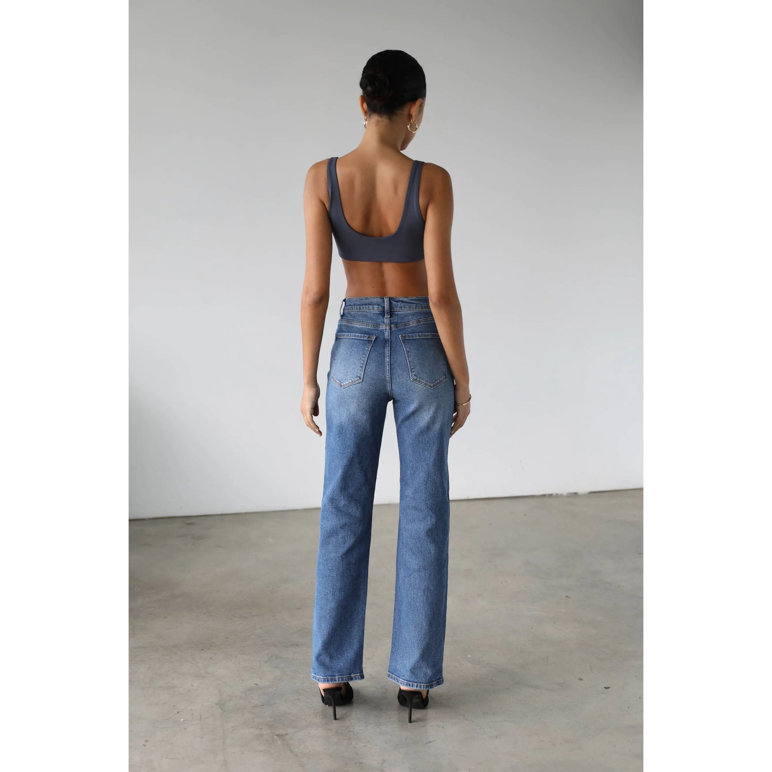 High Rise Straight Leg Denim Jeans - Dark- 7106