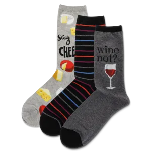 HOTSOX Women's Wine And Cheese 3 Pack Crew Socks