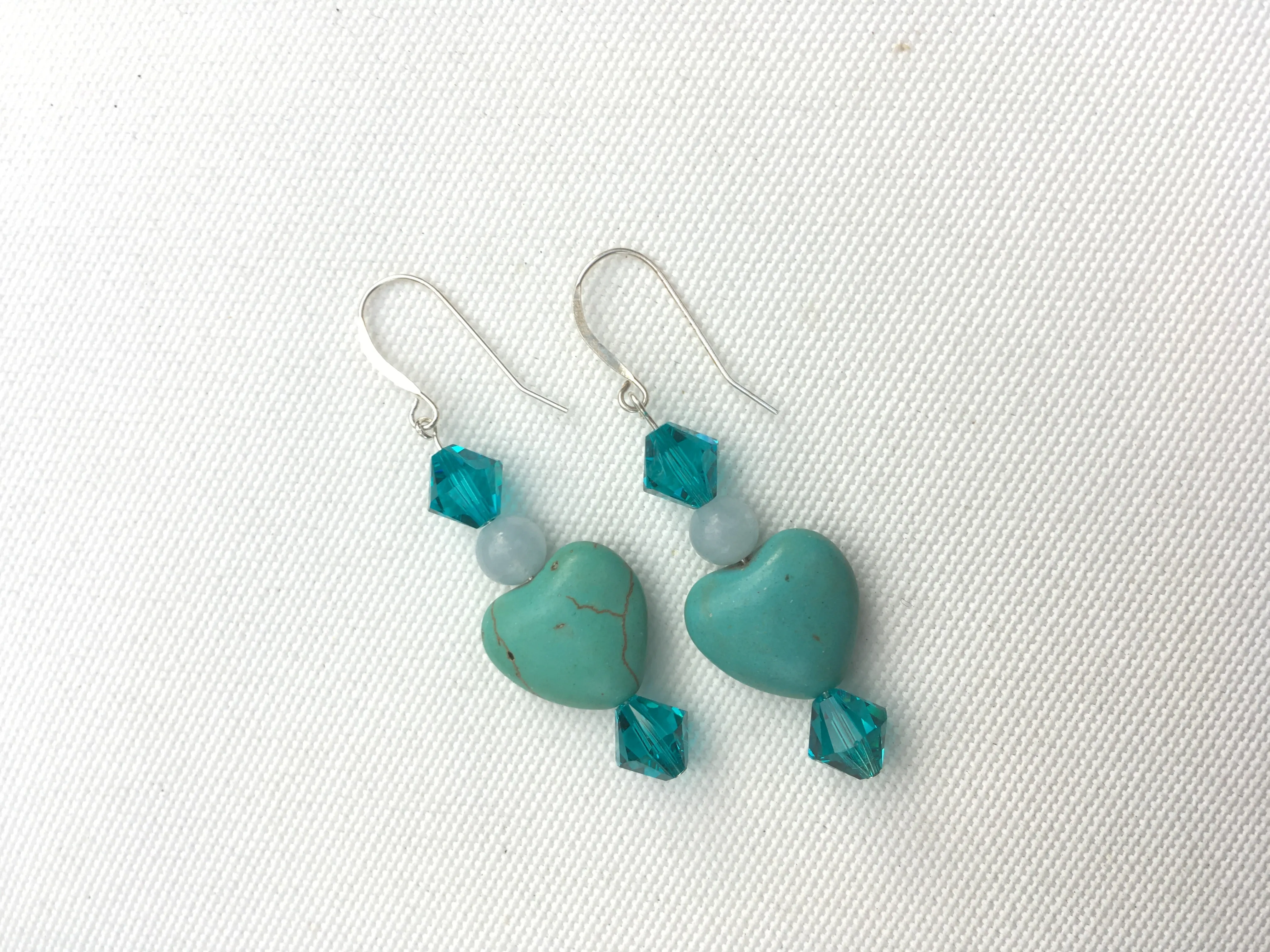 Howlite Gemstone heart & Swarovski crystal sterling silver drop earrings