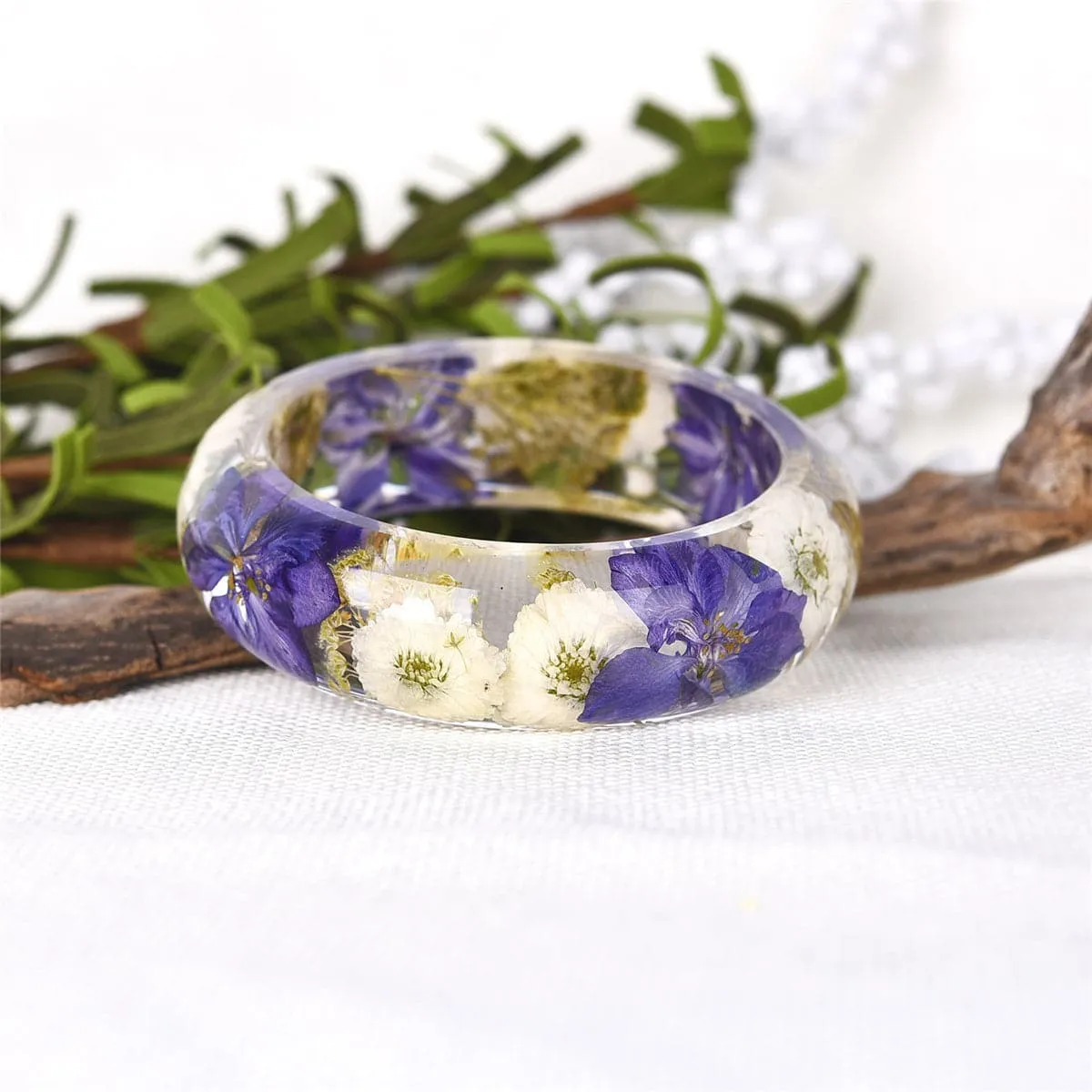 Indigo & Green Dried Floral Resin Bangle