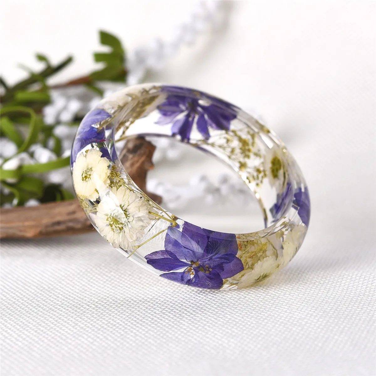 Indigo & Green Dried Floral Resin Bangle