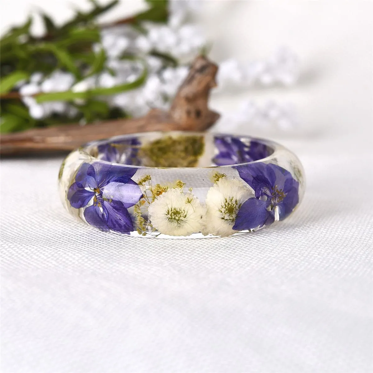 Indigo & Green Dried Floral Resin Bangle